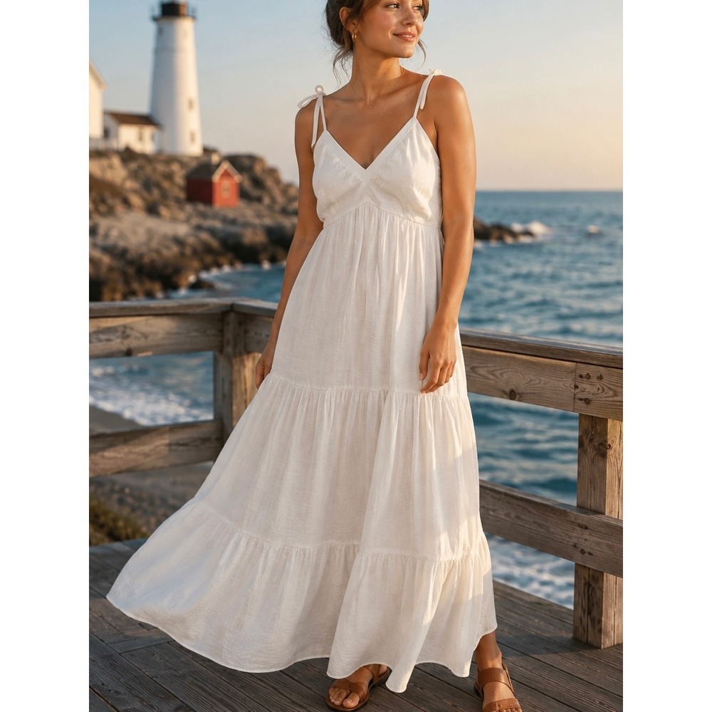 Express White Tiered Maxi Dress Small Tie Strap V-Neck Boho Summer Sun Dress